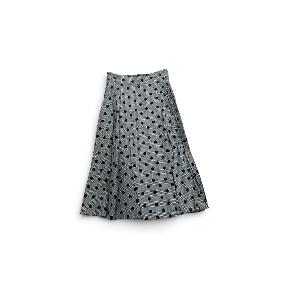 NISSA Grey Glen Plaid Black Flocked Polka Dot Pleated Midi A-Line Skirt US 8